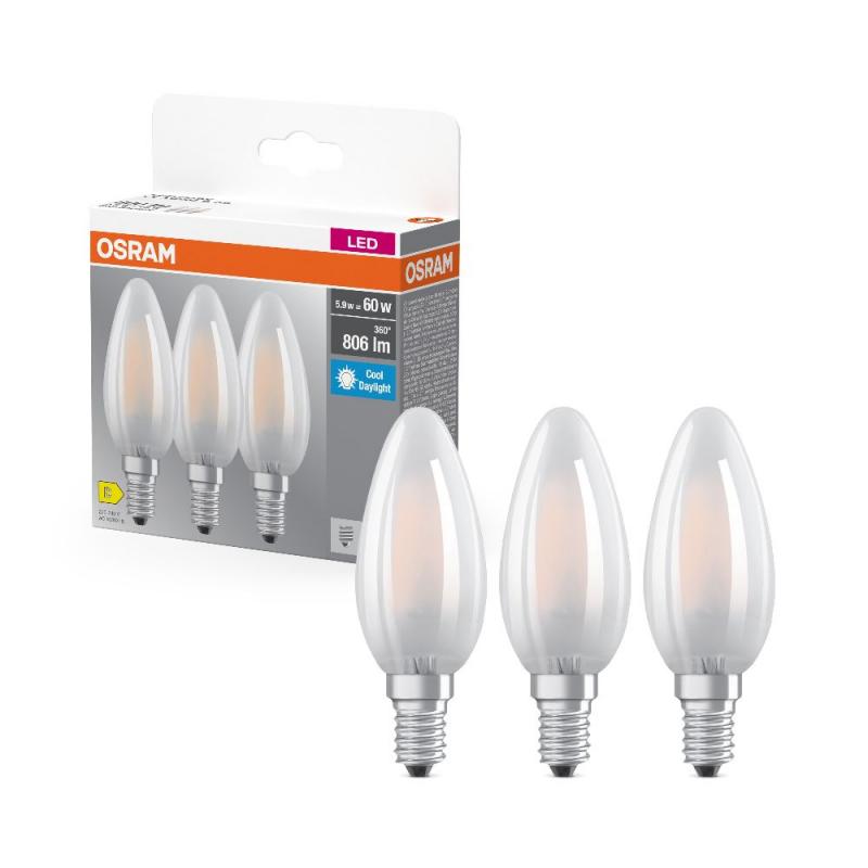 3er Pack OSRAM E14 LED Lampe Base Classic B 60 in Kerzenform matt 5,9W wie 60W kaltweißes Licht 6500K